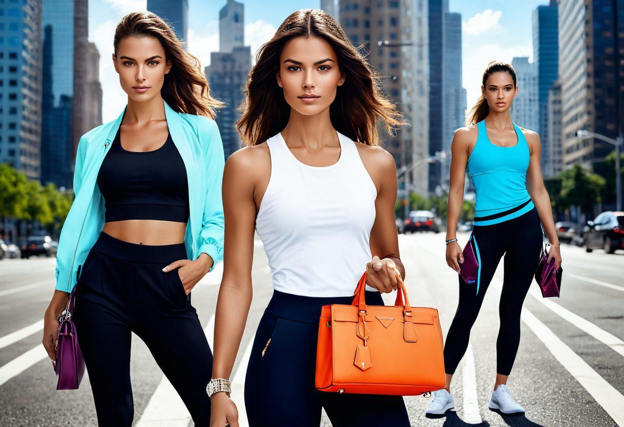A dynamic split-image showcasing the transition from fashion to fitness, featuring a stylish woman in high-fashion attire on one side and the same woman in activewear engaged in a workout on the other. Include vibrant colors, accessories like a trendy handbag and fitness gear, blurred cityscape background representing urban living. Create a sense of energy and versatility in both lifestyles. bold colors. vector art.