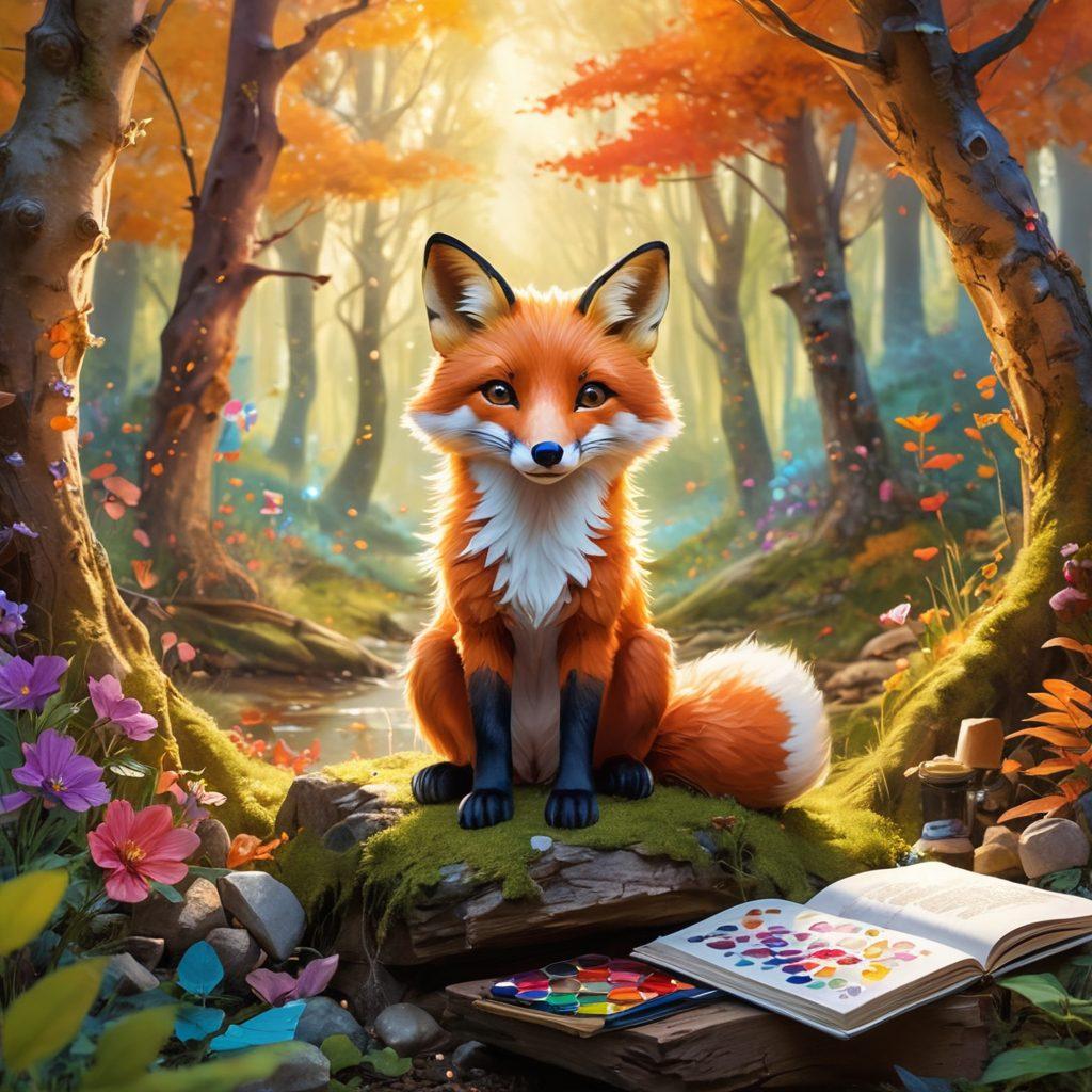 A whimsical fox character surrounded by vibrant art supplies and nature-inspired elements, like leaves and flowers. The fox should be playfully crafting a story in a cozy woodland setting, embodying creative expression with colorful paint splatters and sketches around. Enchanting lighting filters through the trees, giving a magical feel. The scene should evoke a sense of inspiration and creativity. vibrant colors. magical realism.