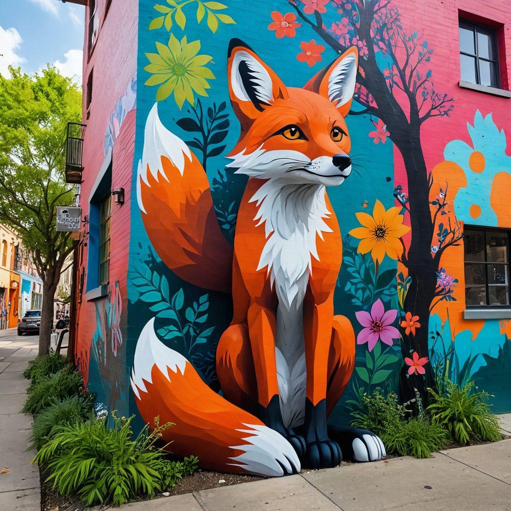 A whimsical scene depicting a modern urban setting where playful foxes roam freely among colorful street art and creative installations. Show foxes interacting with humans, engaging in art activities like painting and crafting, amidst vibrant nature elements like trees and flowers. The atmosphere should evoke a sense of adventure and self-expression, blending nature and creativity beautifully. super-realistic. vibrant colors. 3D.